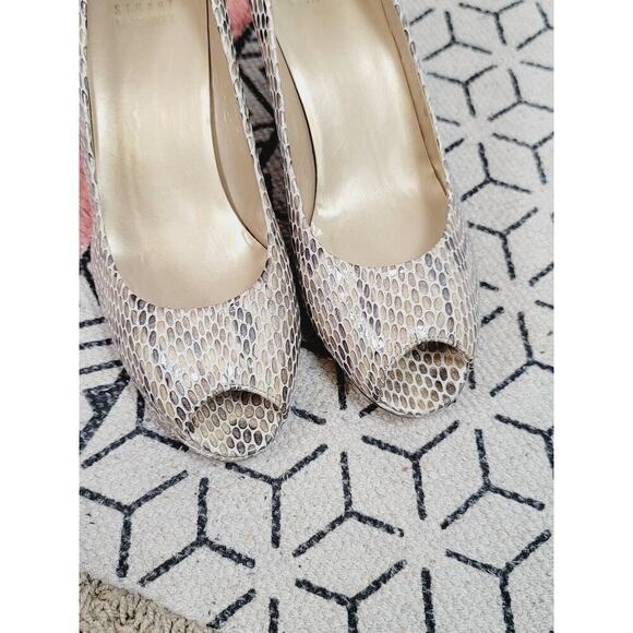 Stuart Weitzman Faux Python Patent Leather Peep Toe Heels, sz 7.5 - Picture 12 of 16